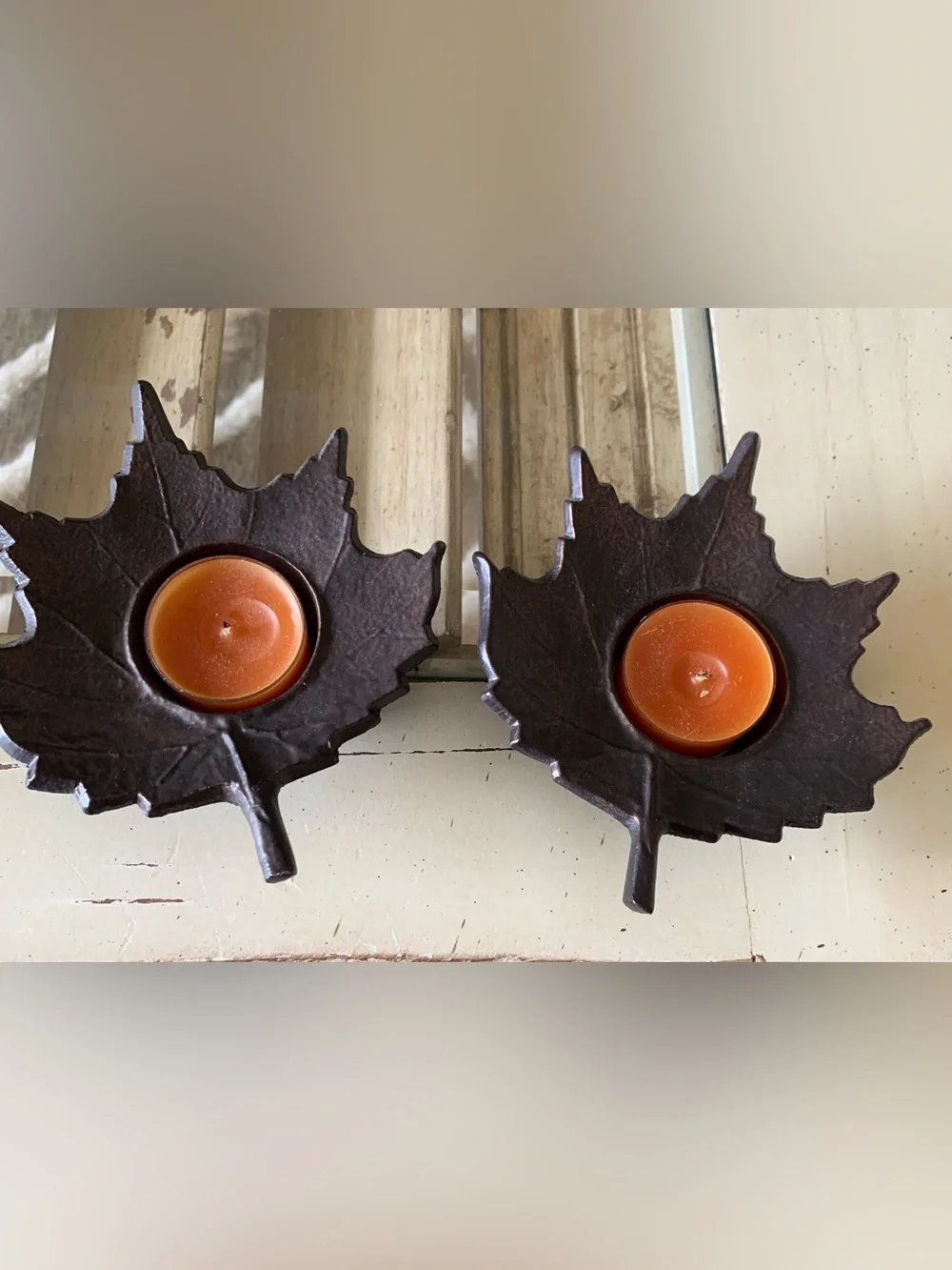 Pier 1 Set of 2 Maple Leaves Shaped Metal Tea Lights